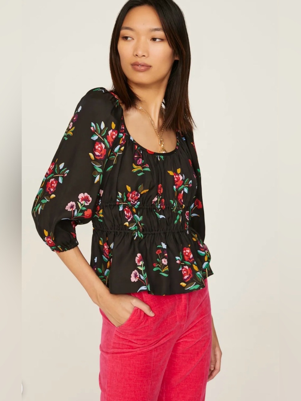 Kate Spade Floral Riviera Smocked Puff Sleeve - Black/Multi- S- MSRP $268
